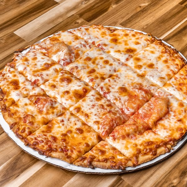 A large, square-cut cheese pizza from Slammers, with melted golden cheese and red sauce.